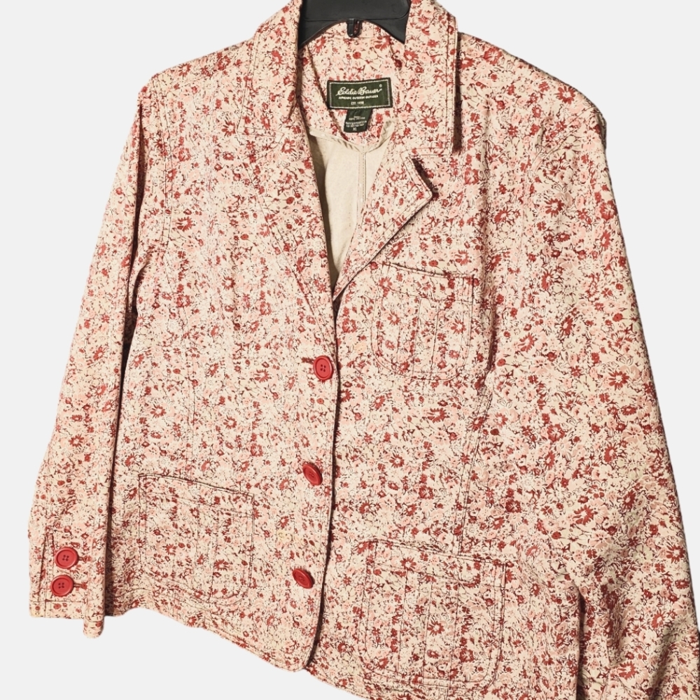Eddie Bauer Pink Cotton Floral Blazer Three Pockets Size XL